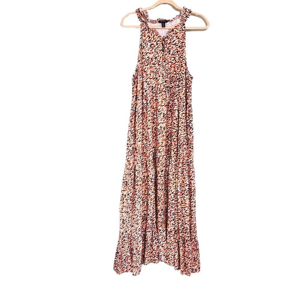 Tribal orange black & cream v-neck maxi dress resort vacation beachy Sz 16